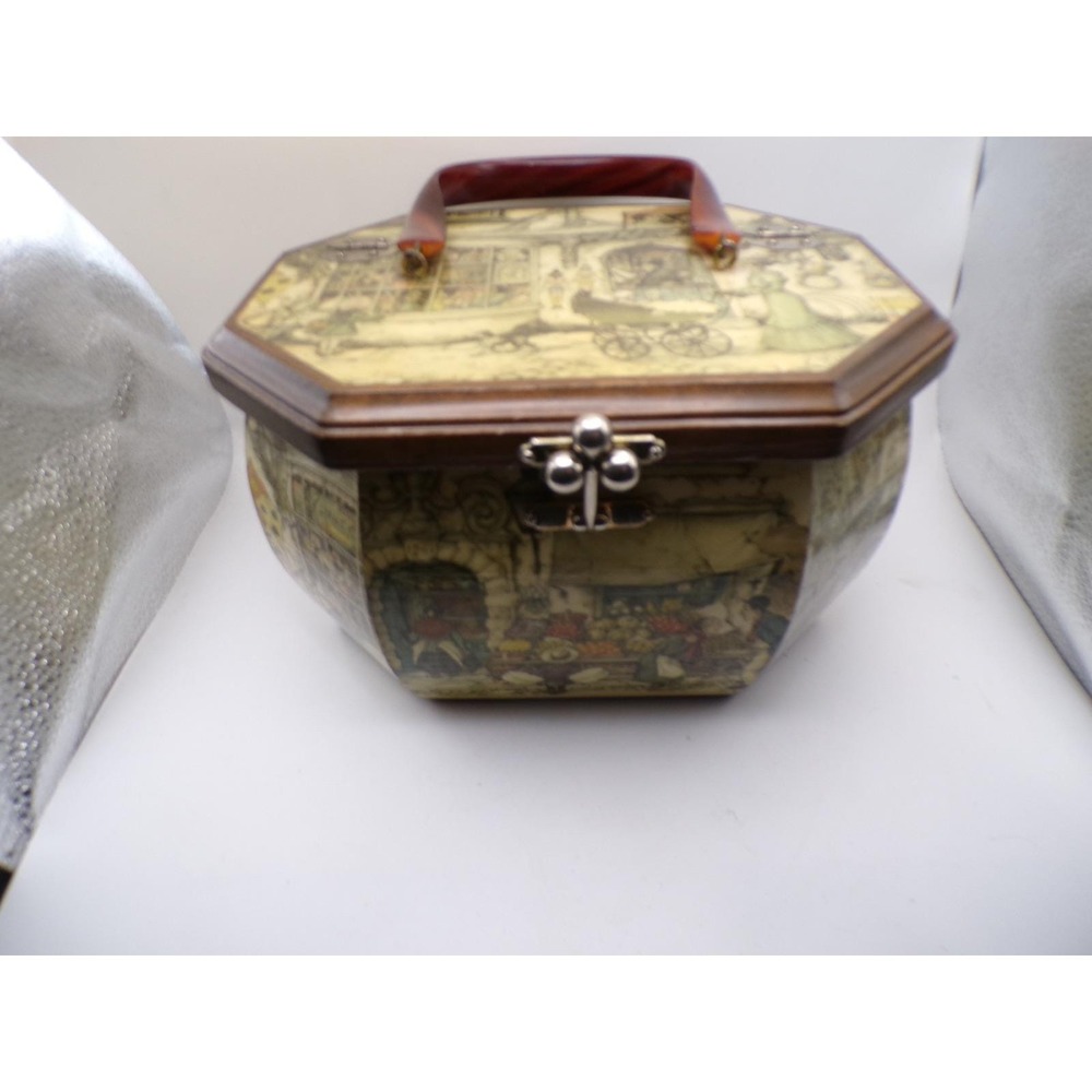 Vintage Anton Pieck Wood Octagon Shapedā Handbag Purse Vanity